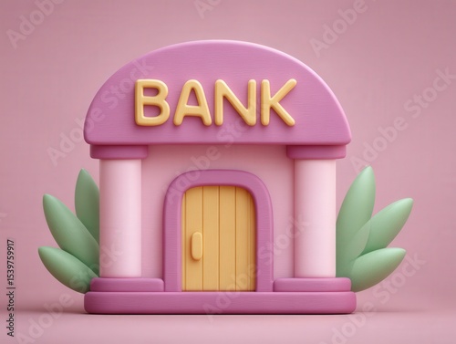 Creative pastel bank building design showcasing modern playful architecture with bold colors and whimsical elements reflecting financial concepts and engagement in a fun way