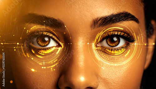 Close up human eye with hologram data.