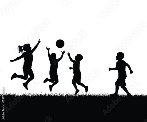"Silhouette of Children Playing with Ball on Grass – Outdoor Kids Activity Illustration for Family and Education Themes"