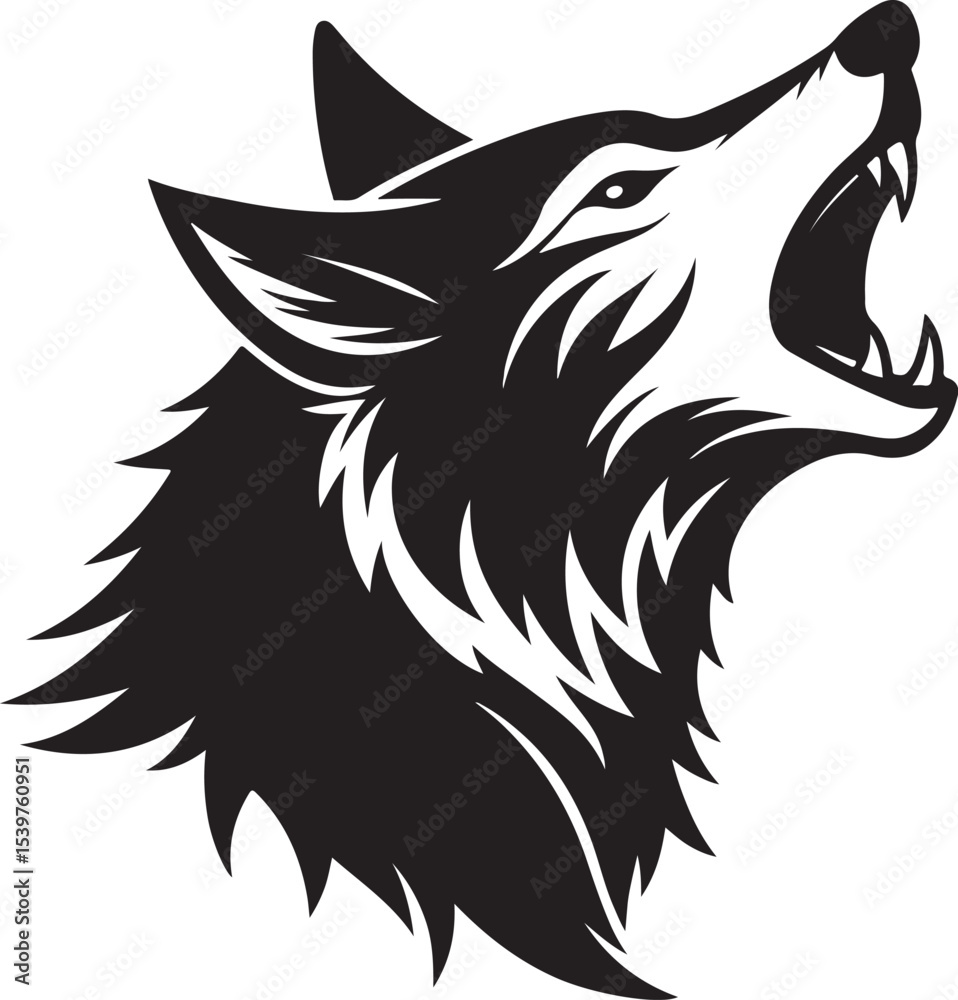 Obraz premium Side profile of a wolf head with open mouth, mid-howl black silhouette