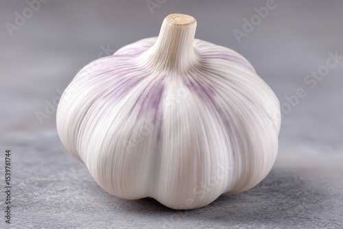Stunning close-up of a perfect garlic bulb featuring delicate textures and purplish accents creating an artistic focus on culinary ingredients for gourmet cooking or healthy recipes
