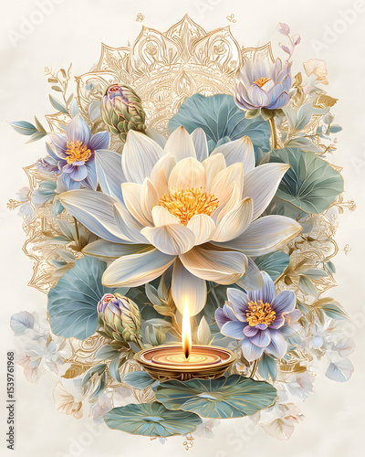 glowing Diwali night scene Elegant lotus flower with a flickering candle. traditional diya lighting ceremony joyful family Diwali gathering