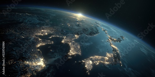 Fototapeta Naklejka Na Ścianę i Meble -  Earth from space at night showcasing vibrant city lights of Japan, South Korea, and China with dramatic illumination against a dark blue cosmic backdrop