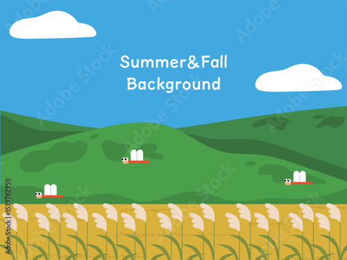 Autumn Rice Field Landscape with Ripened Grains and Flying Dragonflies