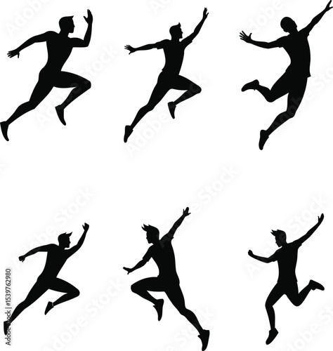 Six black silhouettes of men engaged in various athletic activities, including running and jumping.