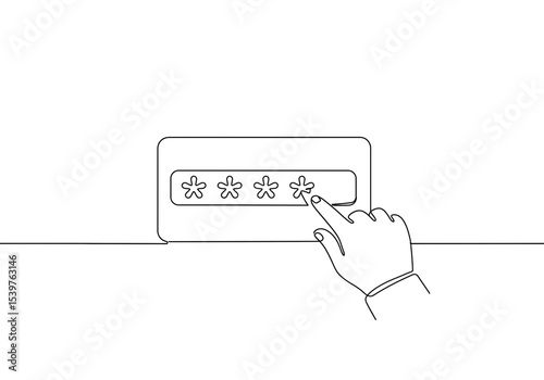 A single line drawing of a hand entering a password with asterisks on a white background art