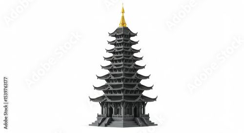 Black Pagoda with Asian Temple, 3D Render, and Architecture.
