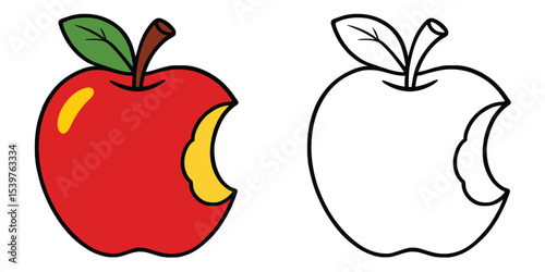 Coloring book of a apple with a bite taken out of it, on white background outline vector illustration