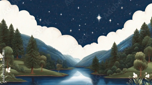 A serene night landscape with a river surrounded by mountains and starry sky.