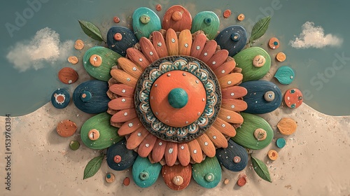 A vibrant and colorful decorative art piece featuring floral patterns and shapes.