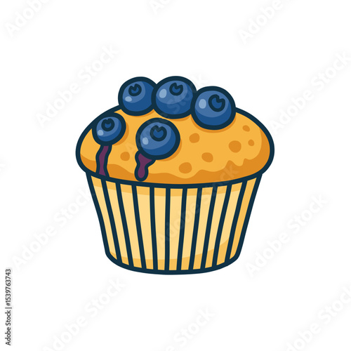 Cartoon Blueberry Muffin with Drizzled Glaze and Dark Blue Outline