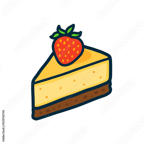 Cute Cartoon Slice of Strawberry Cheesecake on White Background