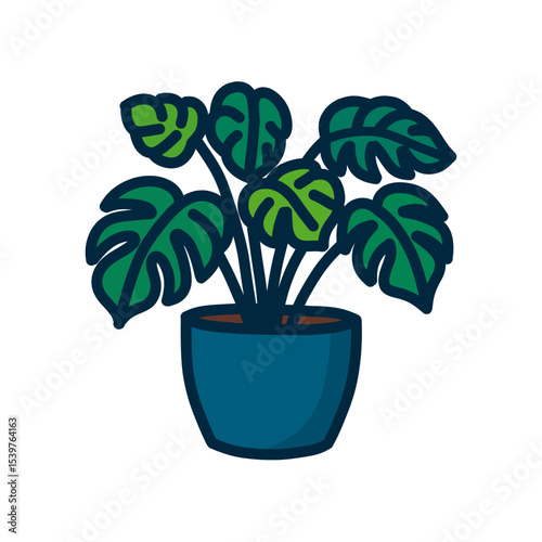 Stylized Monstera Plant in Blue Pot with Bold Outline on White Background