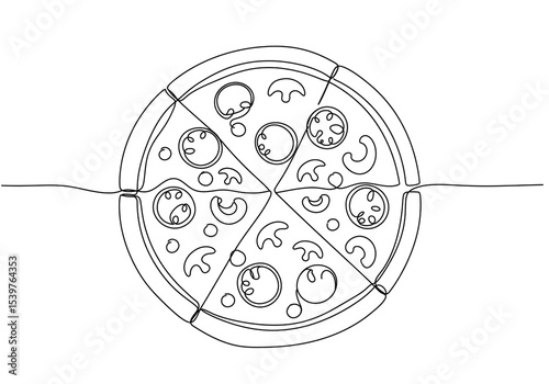 Continuous line drawing of a pizza with toppings and slices isolated on a white background art