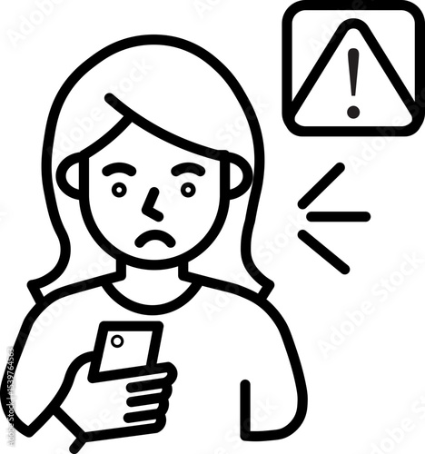 Worried person looks at smartphone with alert symbol indicating concern. image is simple black and white line drawing