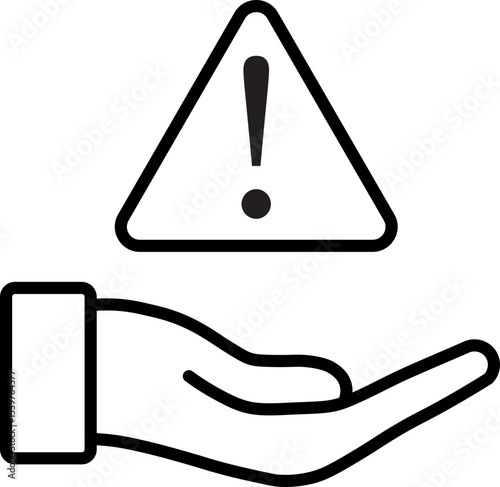 Hand icon is shown holding warning symbol, indicating caution or alert. design is simple and monochrome, emphasizing importance of message