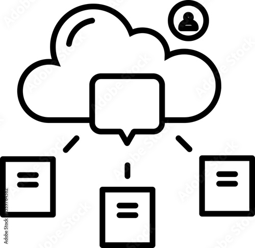 Cloud computing concept with central cloud icon connected to multiple documents, symbolizing data sharing and communication. user icon indicates interaction