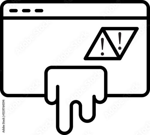 Melting web page icon with warning symbols represents website error or crash. dripping effect suggests instability or malfunction, conveying sense of urgency.website error icon