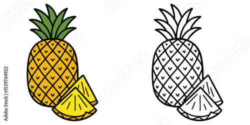 Coloring book of a pineapple with slices next to it, on white background outline vector illustration
