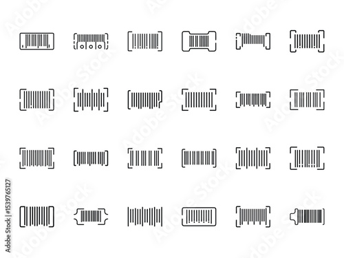 Collection of Barcode Silhouettes in Minimal Line Style on White Background – Barcode Scanner, Retail Tags, and Digital Identification Icons Bundle