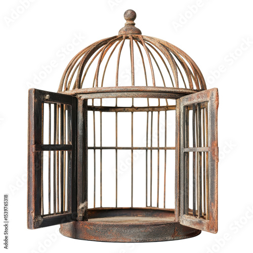 Open vintage bird cage on transparent background.