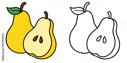 Coloring book of a whole pear and a bitten half, on white background line art vector illustration