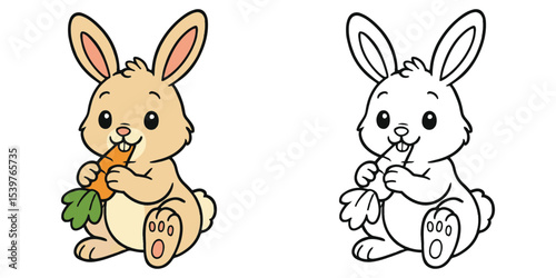 Line art coloring book of a cute bunny cartoon eating a carrot on a white background