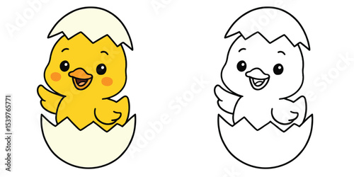 Line art coloring book of a cute chick cartoon just hatching from an egg on a white background