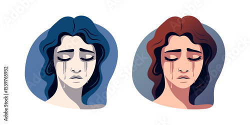 Two artistic depictions of crying women, one in cool blue tones and the other in warm red tones, on a white background. Woman in depression. Concept of mental disorder, affliction, sorrow and anxiety.