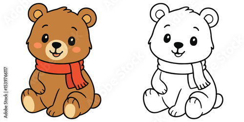 Line art coloring book of a cute bear cartoon wearing a scarf on a white background