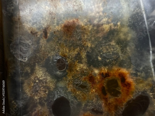 Moldy black olives visible through transparent damaged packaging. Signs of spoilage due to improper storage or broken seal. Hygiene issue in food retail environment