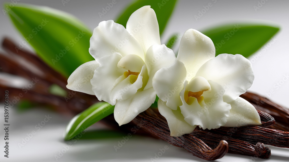 Fototapeta premium Natural vanilla composition with orchid blossoms, pods, and green foliage for organic product branding,vanilla orchid, vanilla pod, organic ingredient, gourmet spice, culinary flower, essential oil