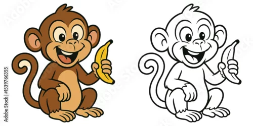 Fototapeta samoprzylepna Line art coloring book of a cute monkey cartoon holding a banana with a funny expression illustration