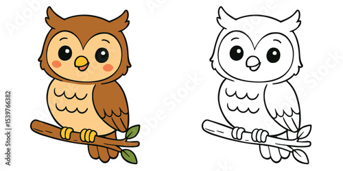Line art coloring book of a cute owl cartoon sitting on a branch on a white background