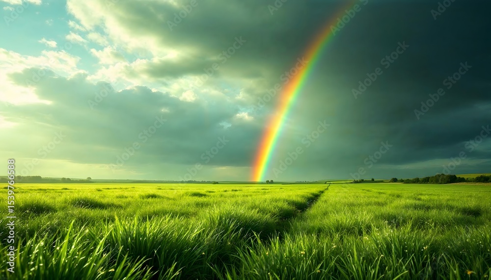 Naklejka premium Rainbow arches over a lush green field under a cloudy sky