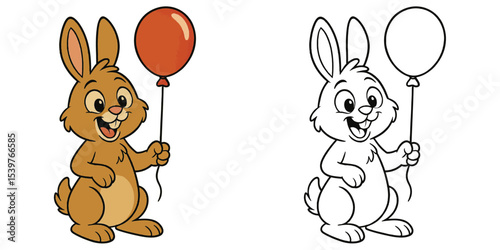 Line art coloring book of a cute rabbit cartoon holding a balloon illustration