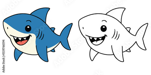 Line art coloring book of a cute shark cartoon with a big smile on a white background