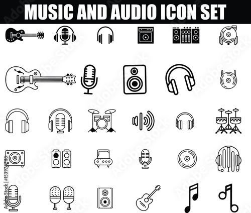 Music & Audio Vector Icon Set  Instruments, Headphones, Speakers, Sound Equipment for Design Projects