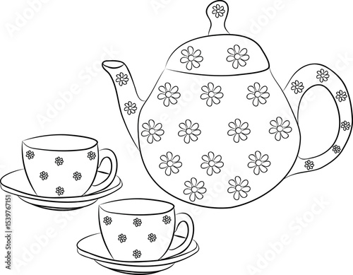 A teapot painted with flowers stands next to two cups on saucers that are also painted with flowers