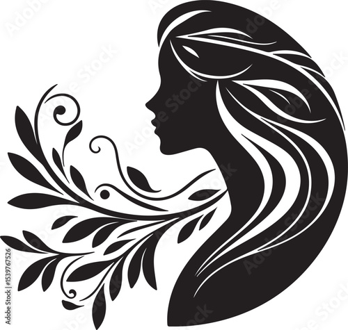 Elegant female silhouette with floral flowing hair in vector style – perfect for beauty salons, haircare branding, spa logos, and feminine designs.

