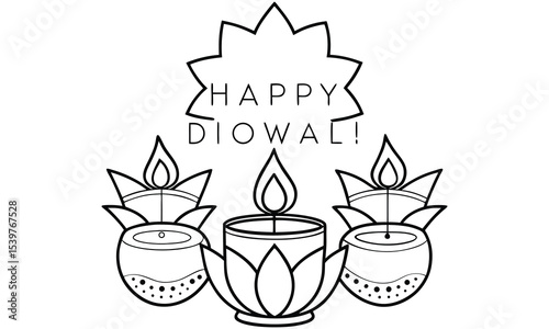 Happy diwali candles line art illustration isolated on white background
