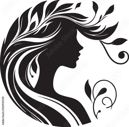 Elegant female silhouette with floral flowing hair in vector style – perfect for beauty salons, haircare branding, spa logos, and feminine designs.

