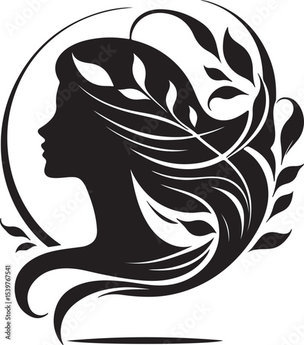 Elegant female silhouette with floral flowing hair in vector style – perfect for beauty salons, haircare branding, spa logos, and feminine designs.

