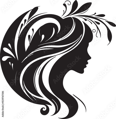Elegant female silhouette with floral flowing hair in vector style – perfect for beauty salons, haircare branding, spa logos, and feminine designs.

