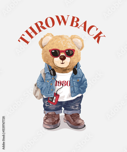 cartoon bear doll in vintage style fashion denim vector illustration hand drawn - not auto trace