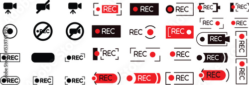 Set Of Recording sign icon. Red logo camera video recording symbol, rec icon