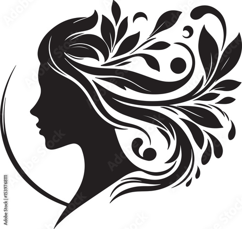Elegant female silhouette with floral flowing hair in vector style – perfect for beauty salons, haircare branding, spa logos, and feminine designs.

