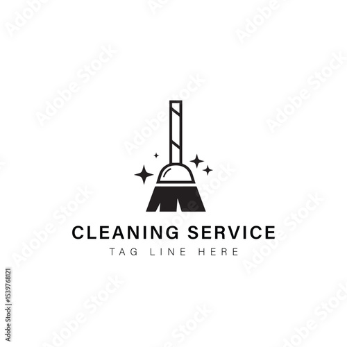 Cleaning Service Logo: An illustrative cleaning service logo features a broom with sparkling stars, symbolizing a commitment to cleanliness and efficiency. 