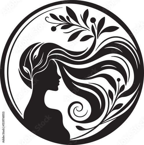 Elegant female silhouette with floral flowing hair in vector style – perfect for beauty salons, haircare branding, spa logos, and feminine designs.

