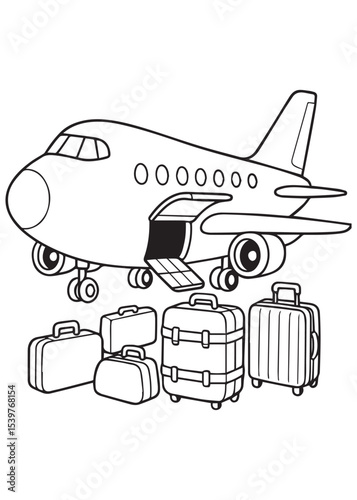 Coloring book airplane on the tarmac with open cargo bay and luggage,